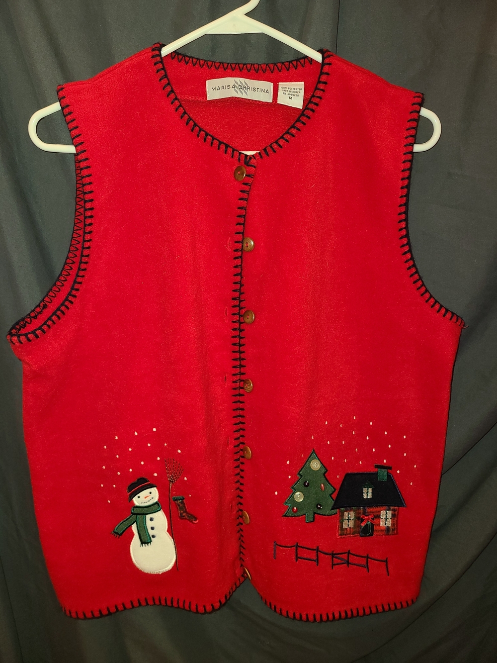 Red Holiday Fleece Vest with Snowman & House Appliqué